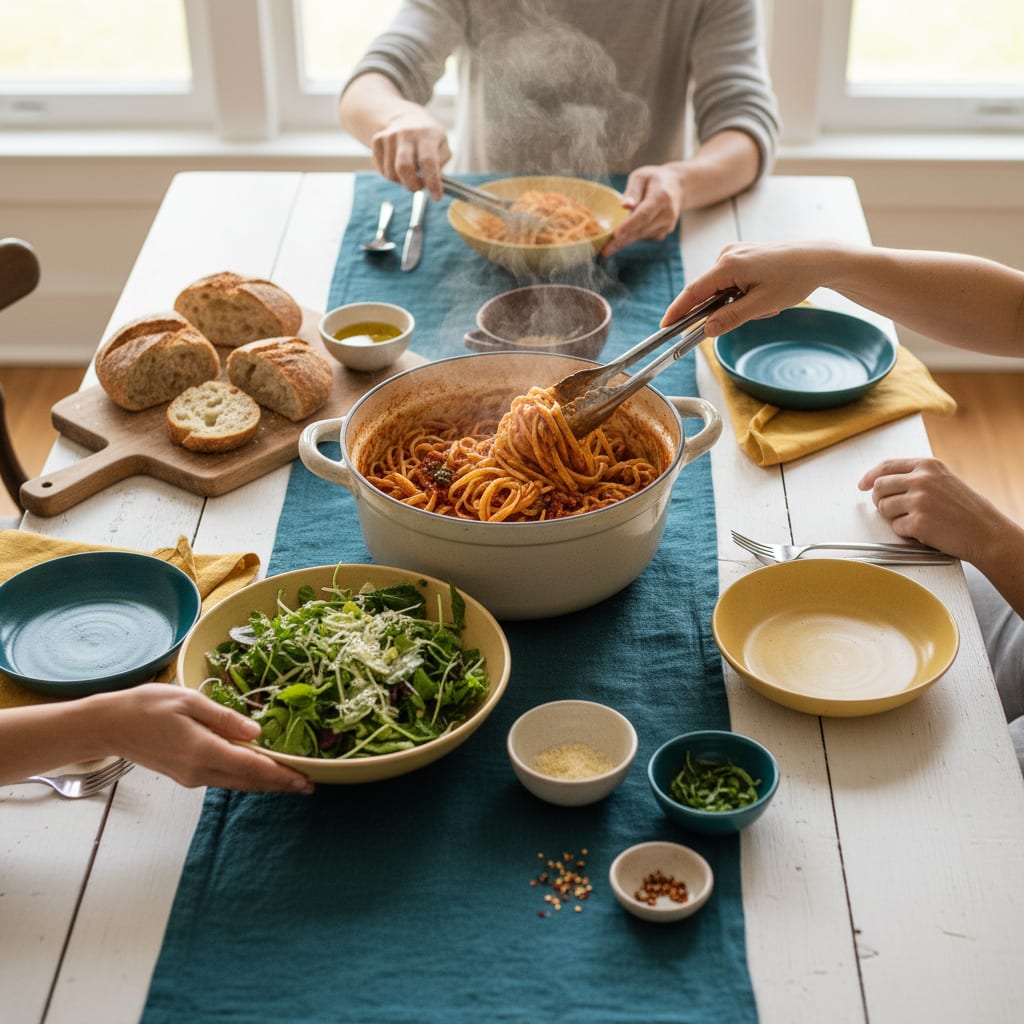 Family-style dinner spread on a farm table